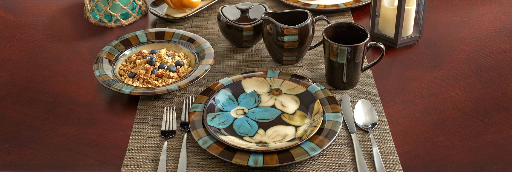 With its muted shades of brown, turquoise and stone in shapes from squares to florals, Cayman dinnerware brings a hint of the islands to your home.