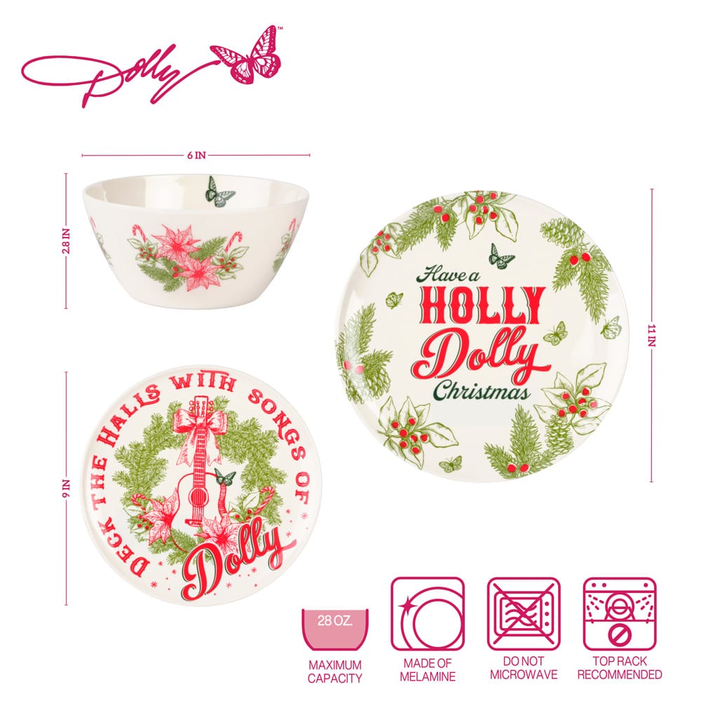 Dolly Parton Holly Dolly Outdoor Melamine Dinnerware Set, Service for 4