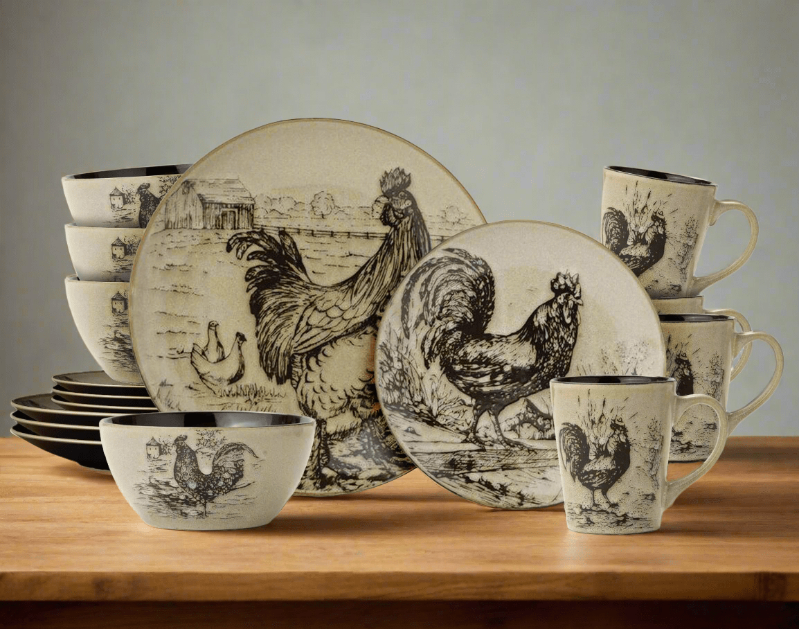 Homespun Rooster 16 Piece Dinnerware Set, Service for 4 Homespun Rooster 16 Piece Dinnerware Set, Service for 4