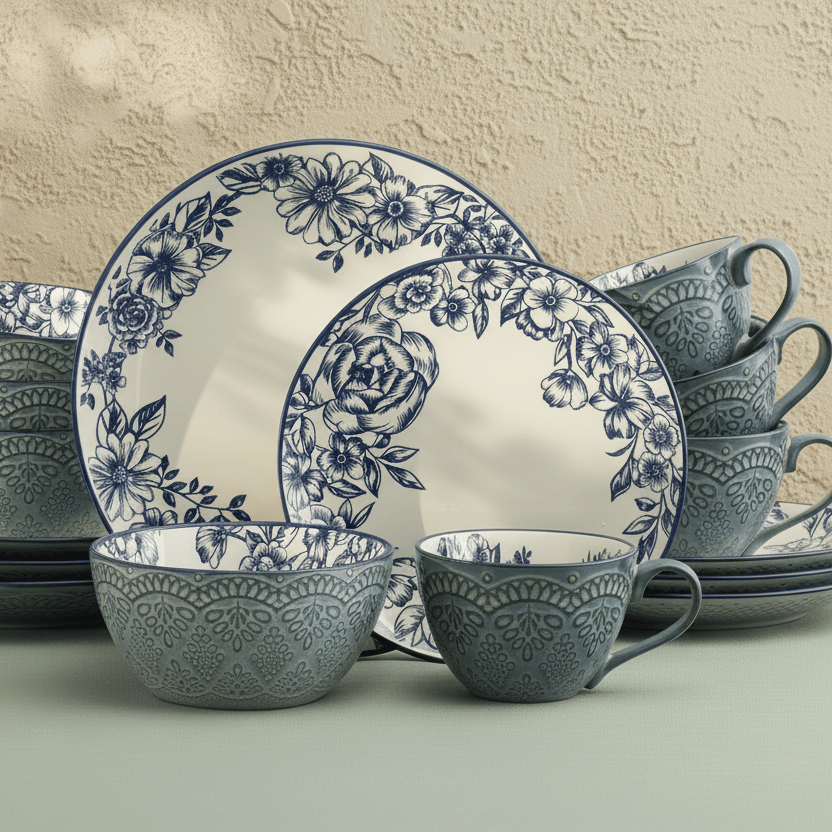 Gabriela Blue 16 Piece Dinnerware Set, Service for 4