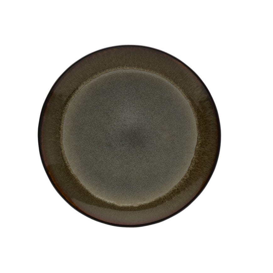 Round ceramic plate with a brown rim on a white background