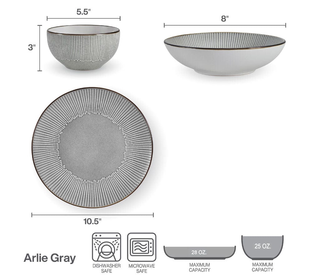 Arlie Gray 12 Piece Pasta Dinnerware Set, Service for 4