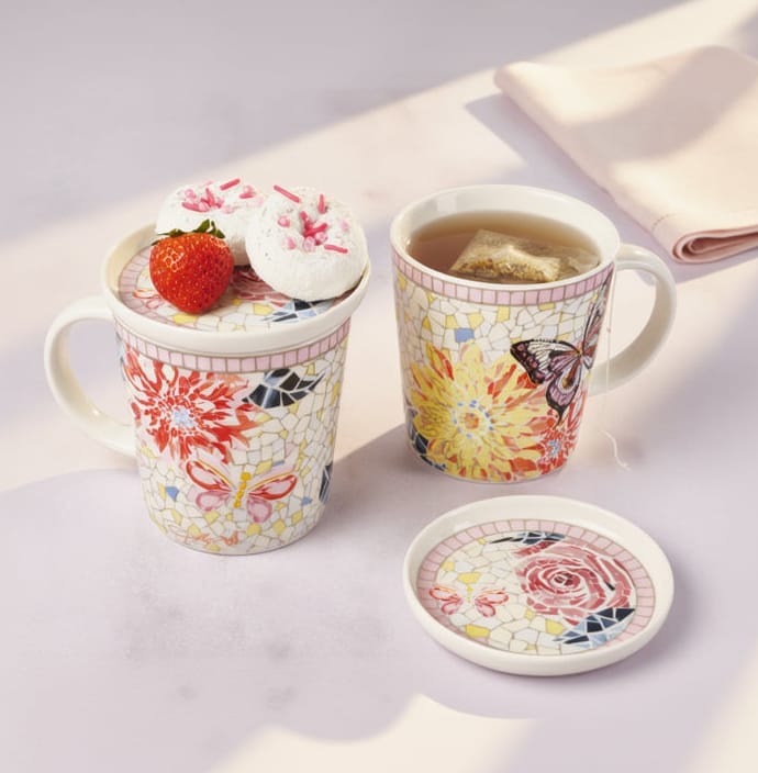 Dolly Parton Mosaic Set of 2 Mugs with Lid Coaster