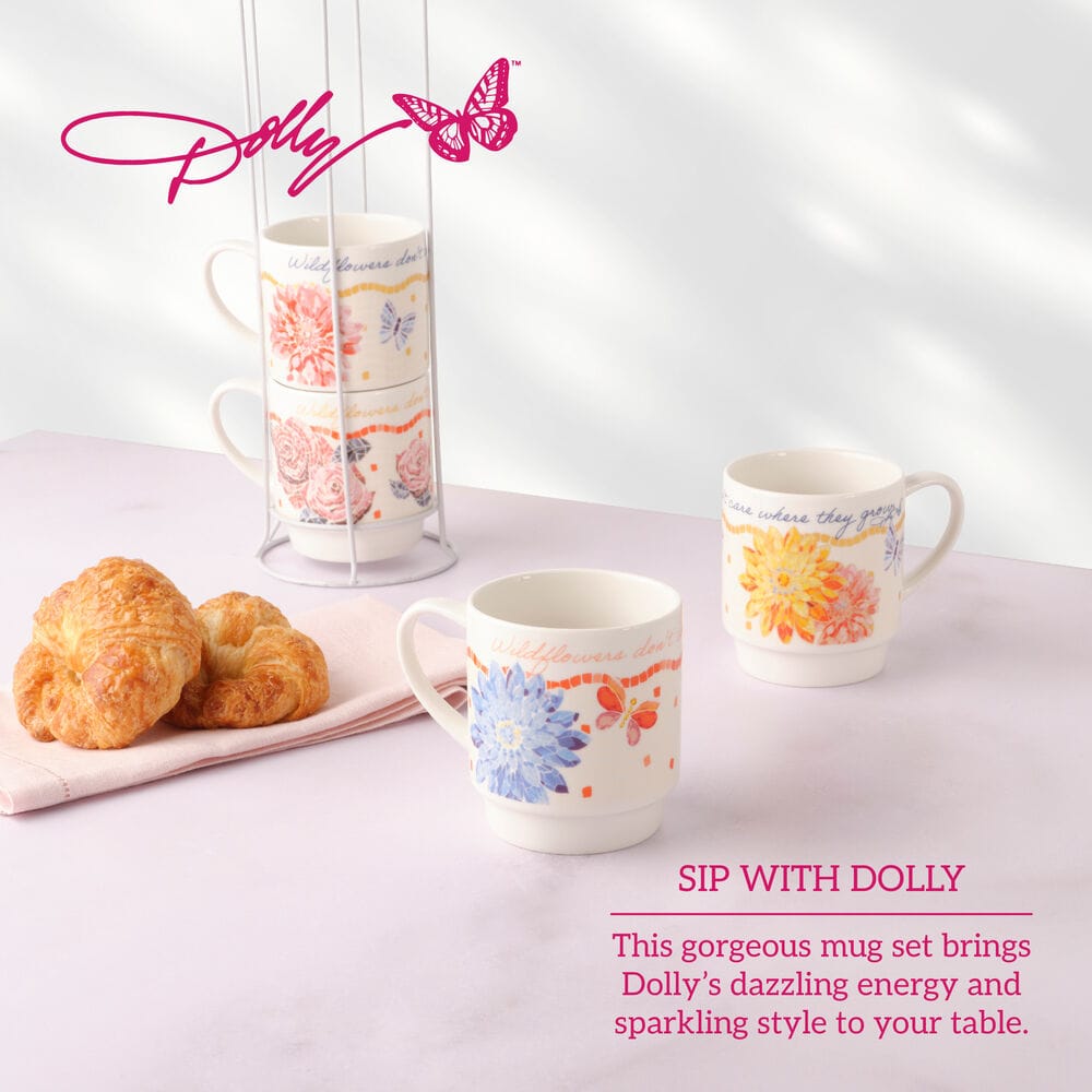 Dolly Parton Mosaic Floral Set of 4 Mugs with Rack