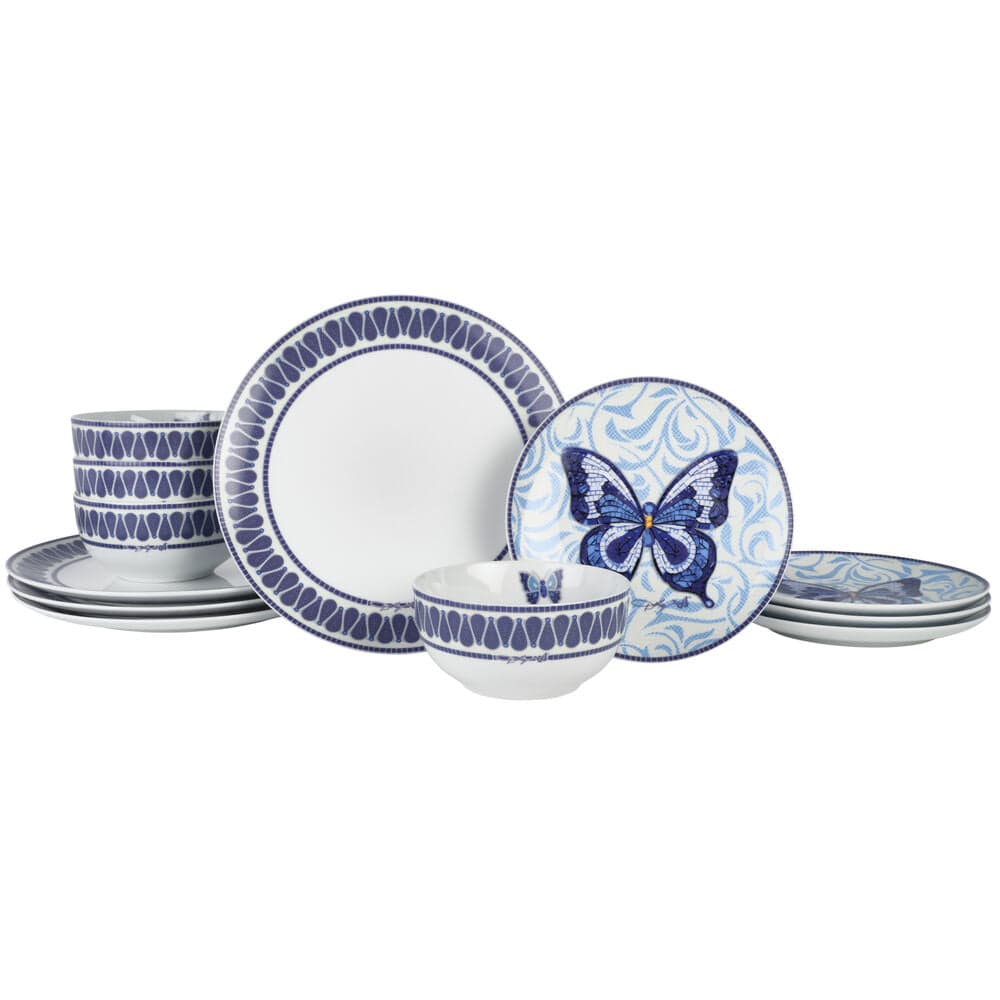 Dolly Parton Mosaic Blue Butterfly 12 Piece Dinnerware Set Service for 4