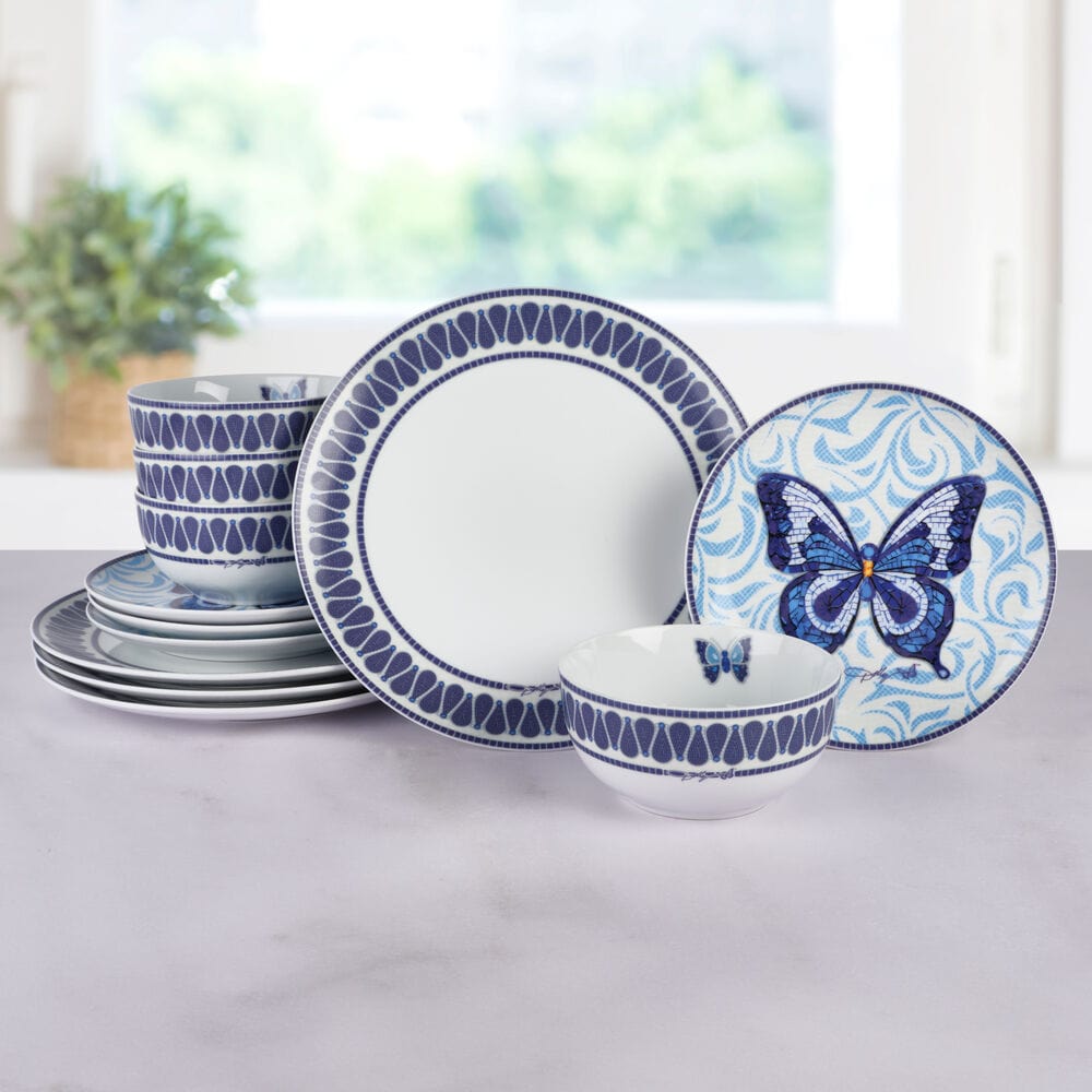 Dolly Parton Mosaic Blue Butterfly 12 Piece Dinnerware Set Service for 4