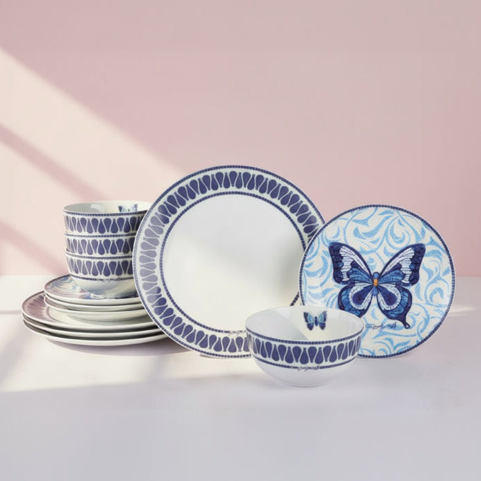 Dolly Parton Mosaic Blue Butterfly 12 Piece Dinnerware Set Service for 4