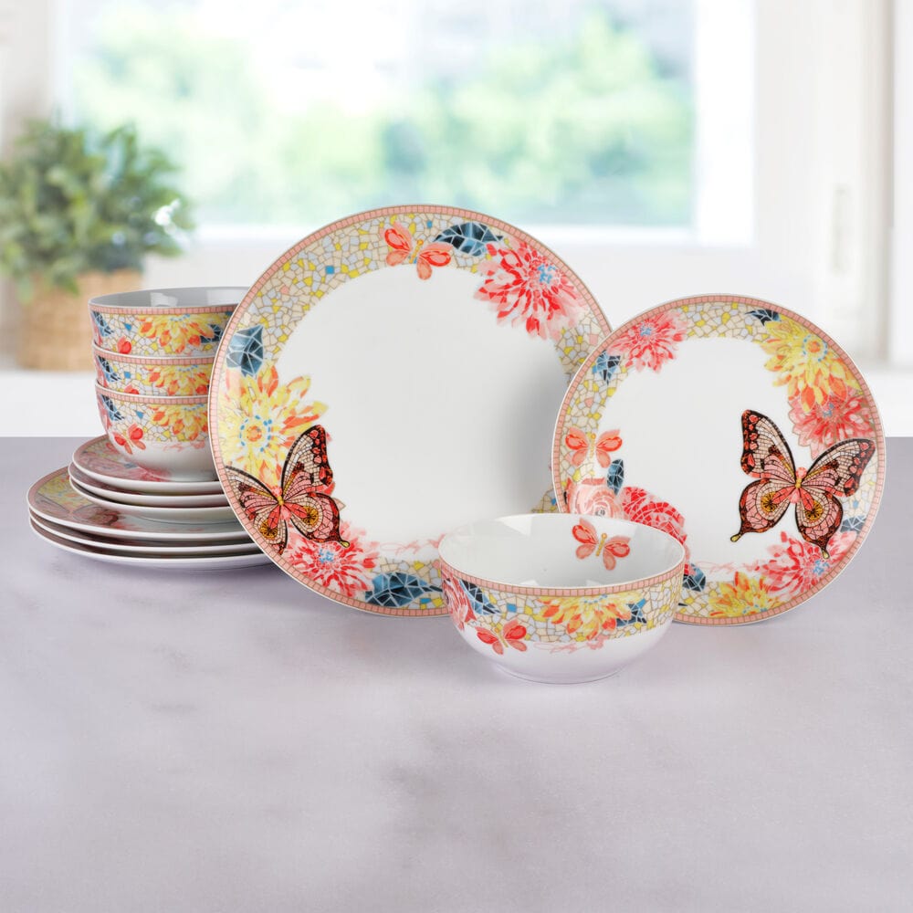 Dolly Parton Mosaic Peach Butterfly 12 Piece Dinnerware Set Service for 4