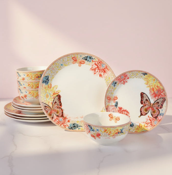Dolly Parton Mosaic Peach Butterfly 12 Piece Dinnerware Set Service for 4