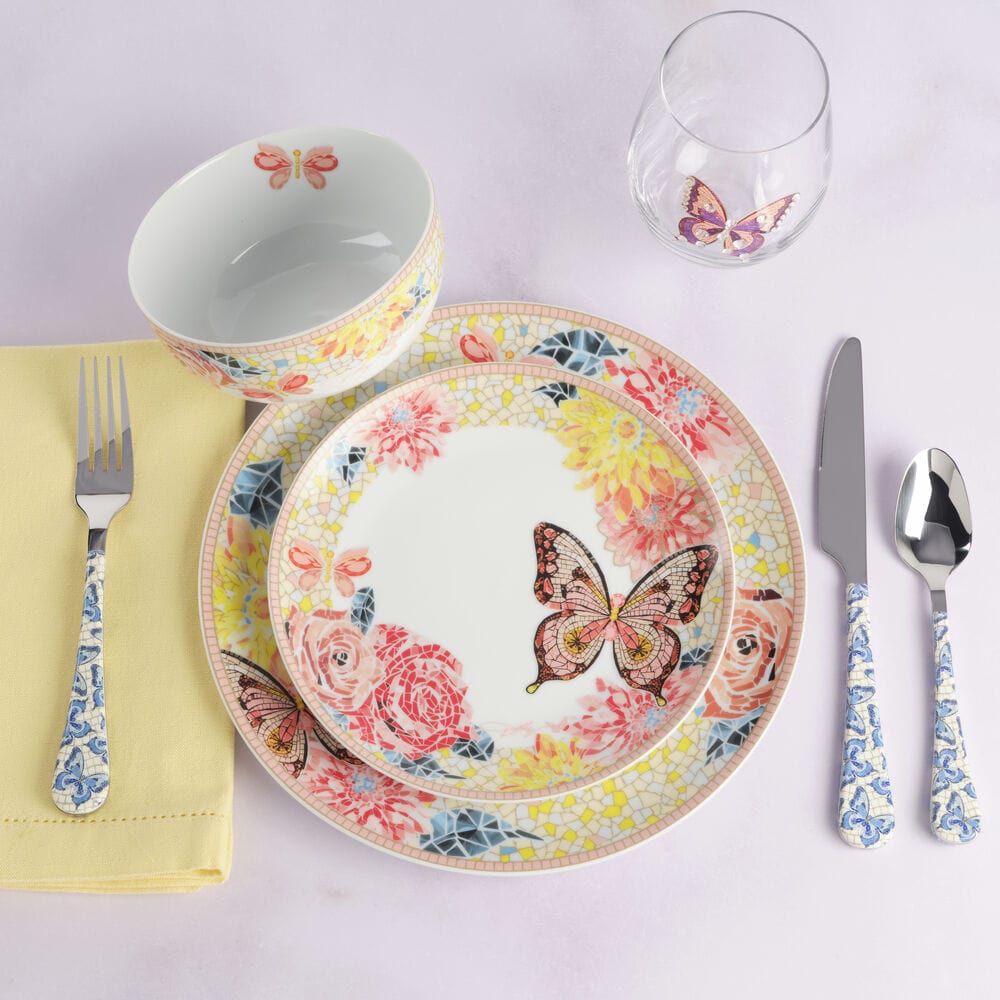 Dolly Parton Mosaic Peach Butterfly 12 Piece Dinnerware Set Service for 4