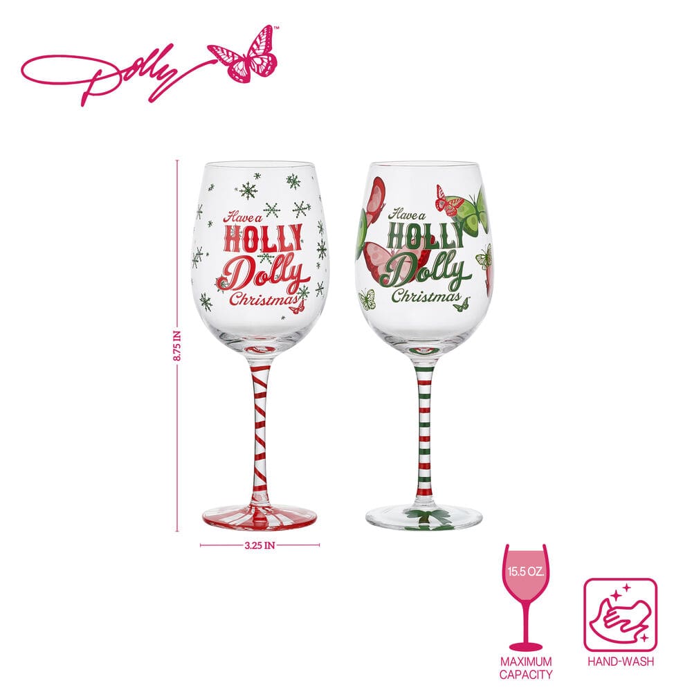Holly Dolly Christmas set of two wine glasses with red and green striped stems and height measurements