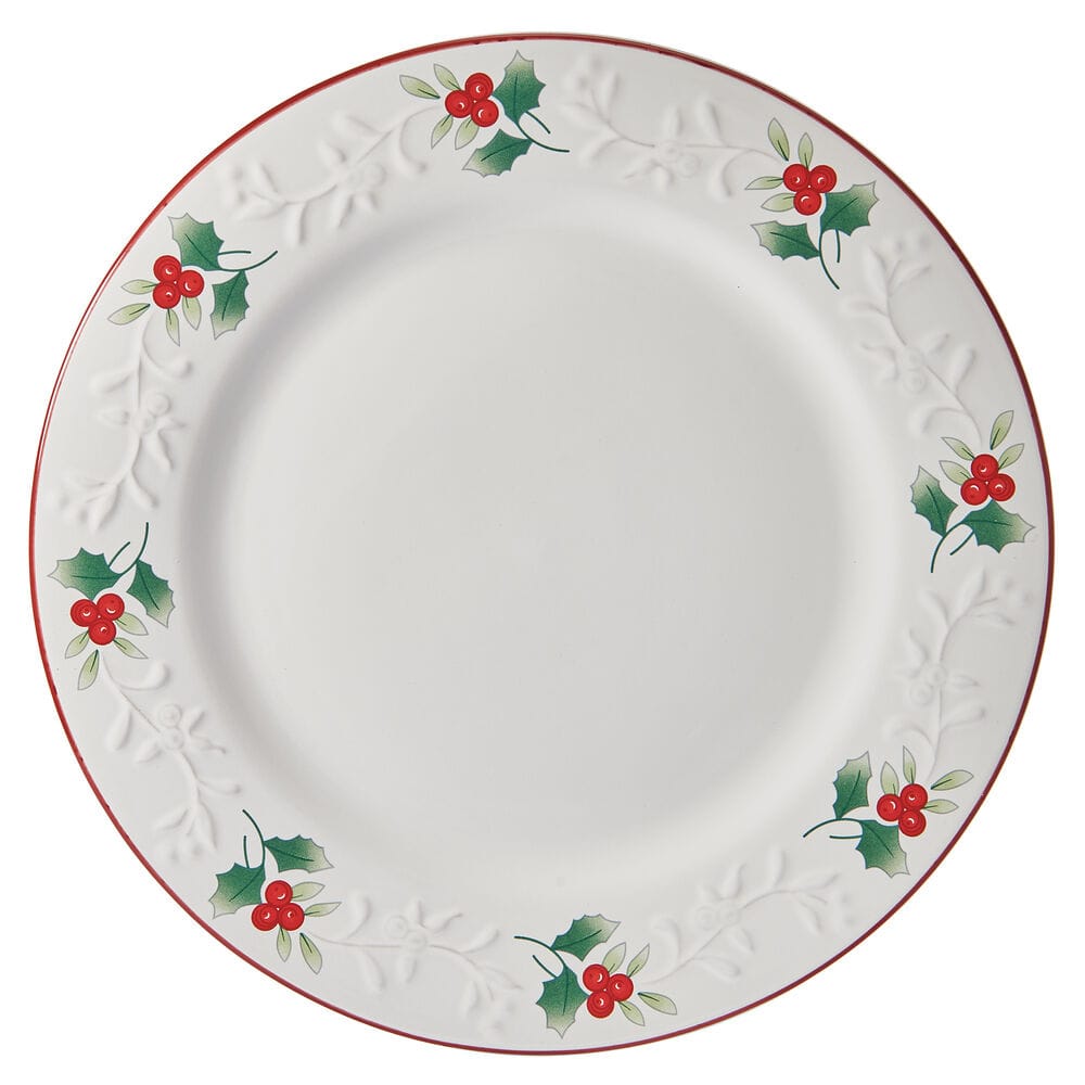 Winterberry Charm Dinner Plate close up showing holly border and red edge trim