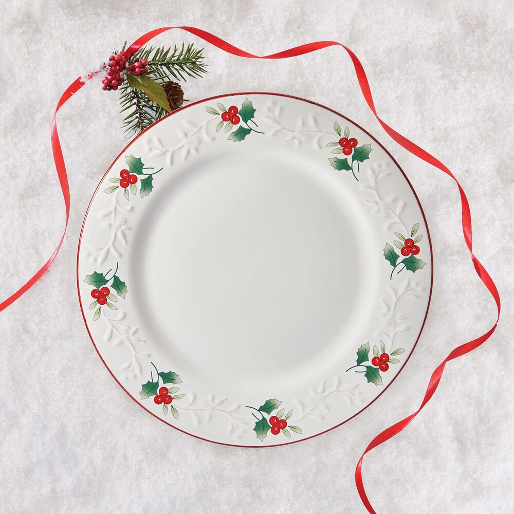Winterberry Charm Dinner Plate white plate with holly border and embossed vine pattern around the rim
