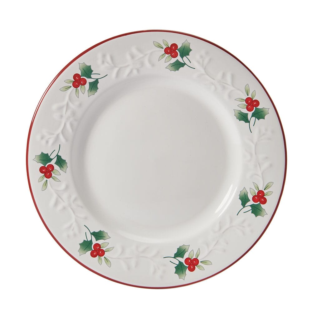 Winterberry Charm Salad Plate viewed from above with holly motif around the edge and a red rim.