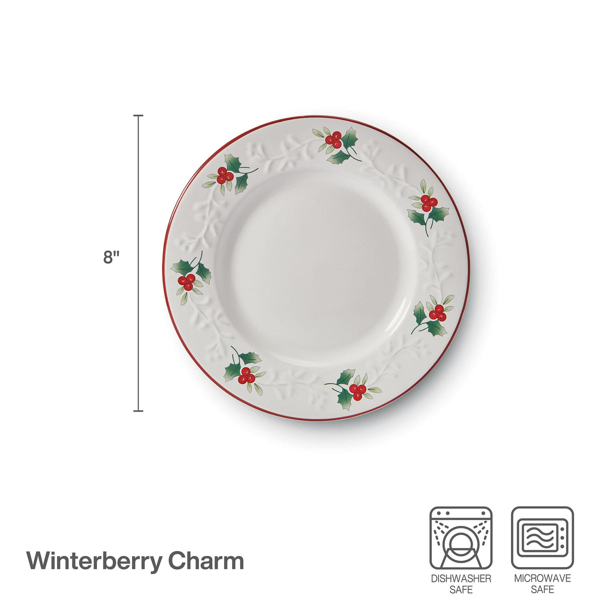 Partial view of Winterberry Charm Salad Plate showing holly edge pattern and red border.