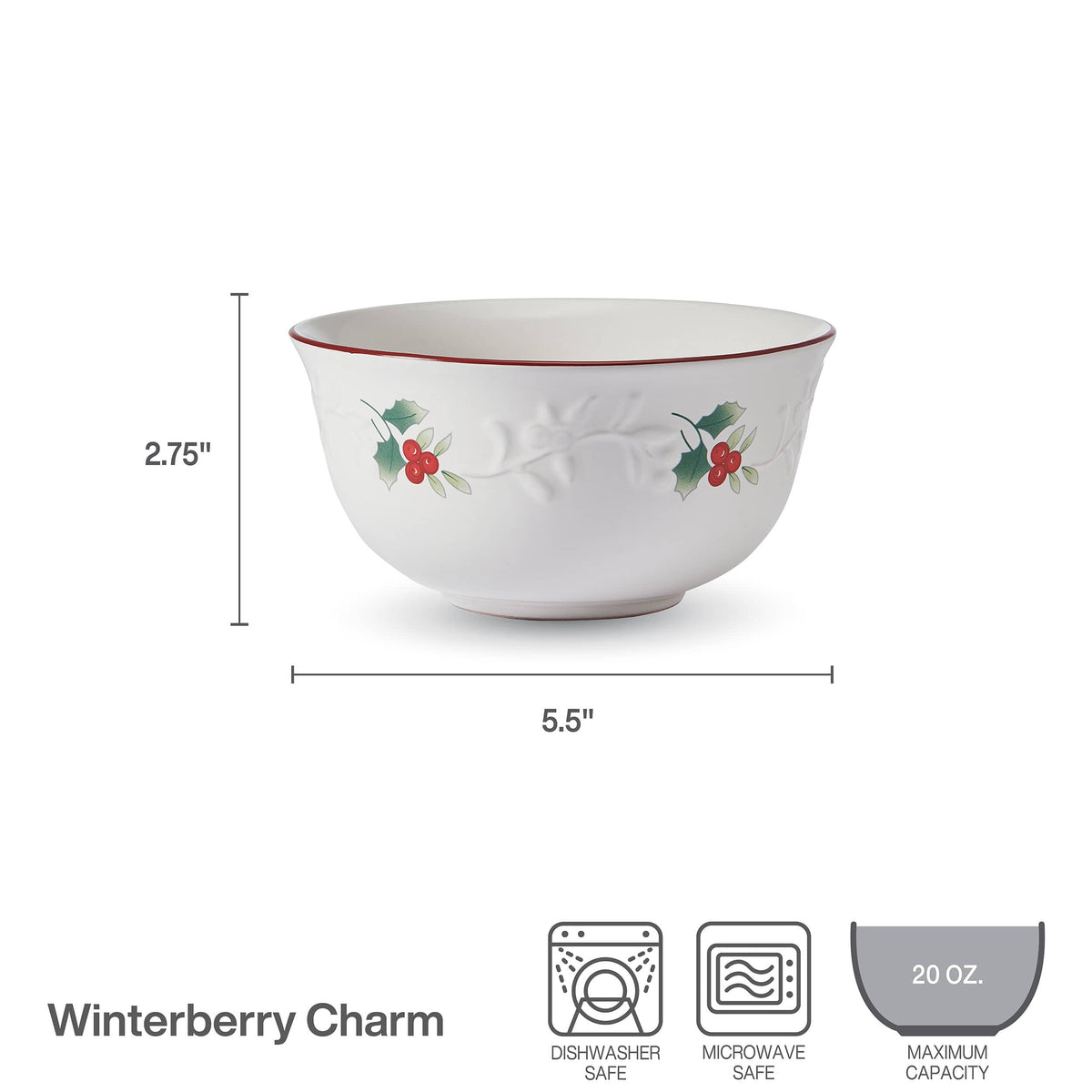 Winterberry Charm Soup Cereal Bowl facing forward with holly pattern and 20 oz capacity icon.