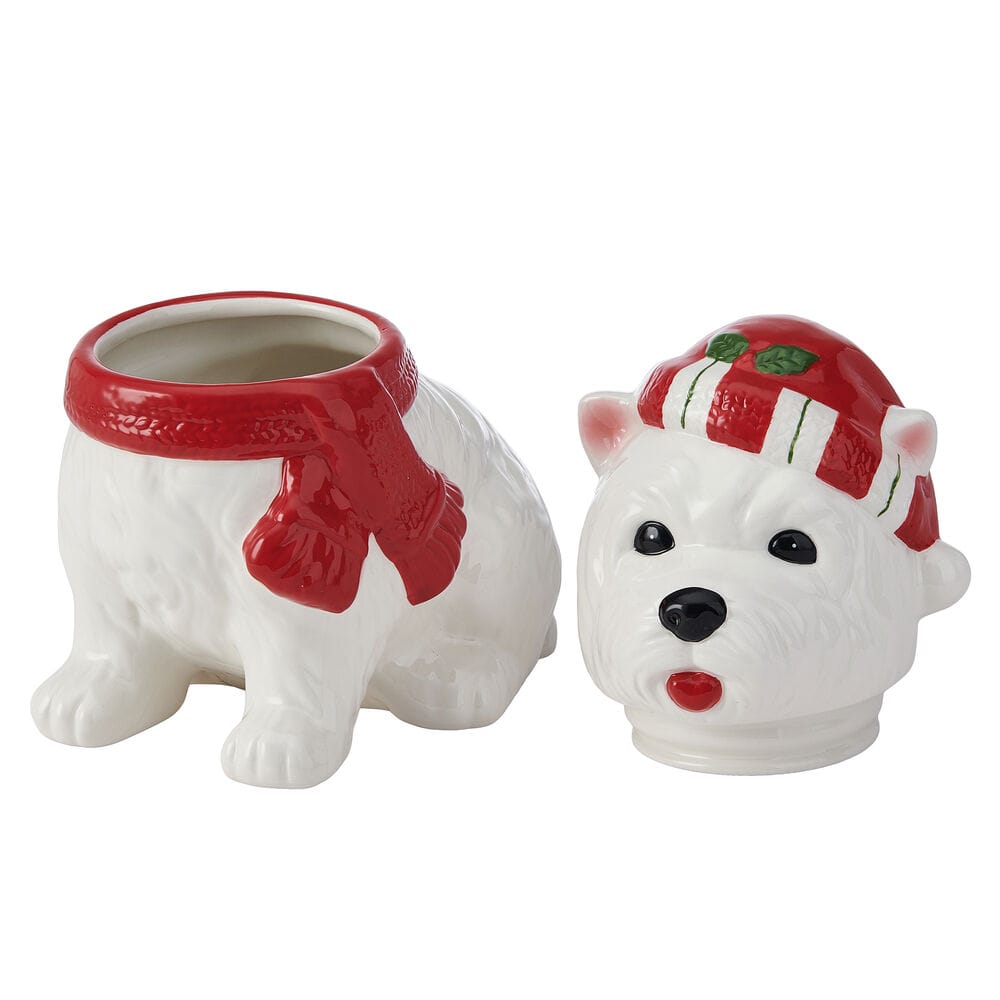 Two piece Winterberry Westie cookie jar showing hollow body with red scarf and removable head lid