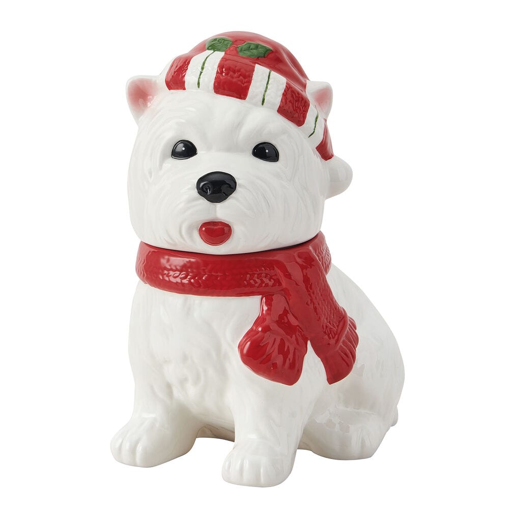 White Westie dog cookie jar wearing a red scarf and striped holiday hat