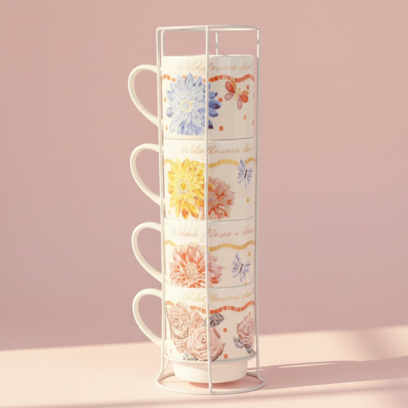 Dolly Parton Mosaic Floral Set of 4 Mugs with Rack