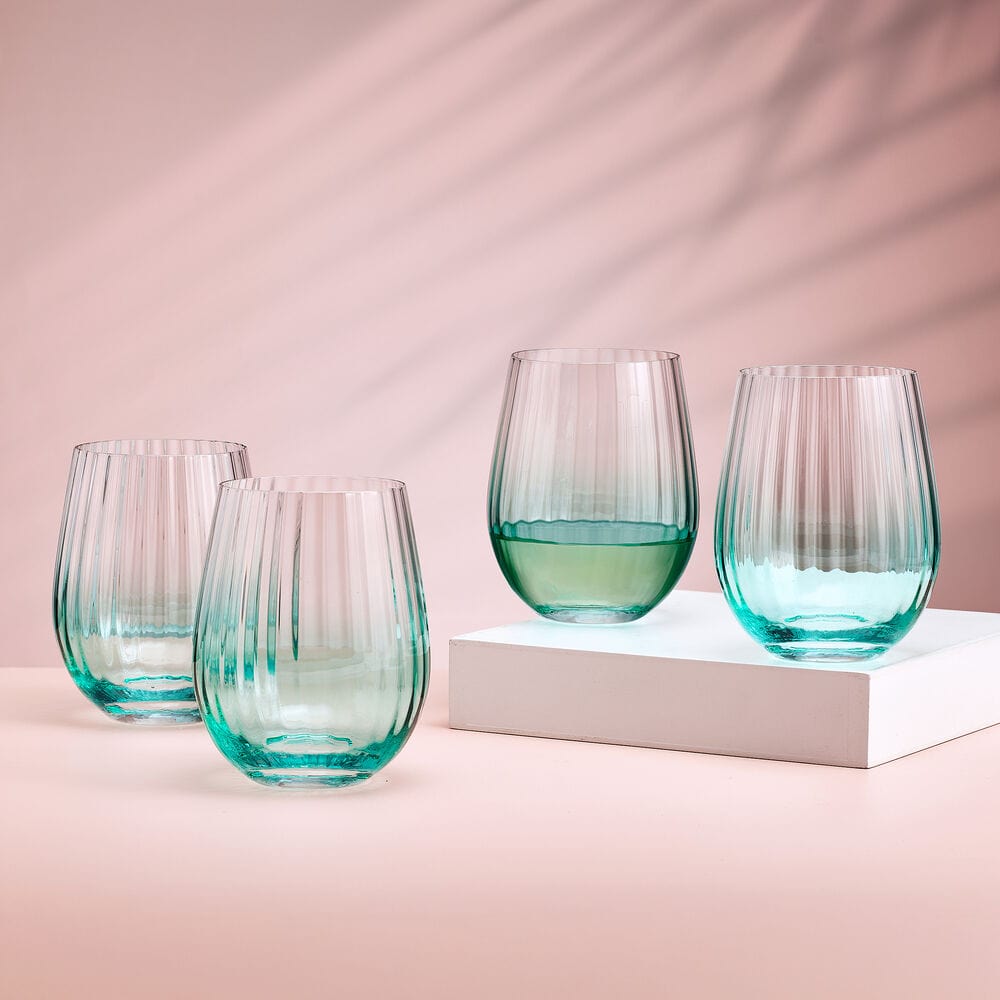 beautiful wine glasses Darbie Angell Good Day Teal Set of 4 Stemless Wine Glasses