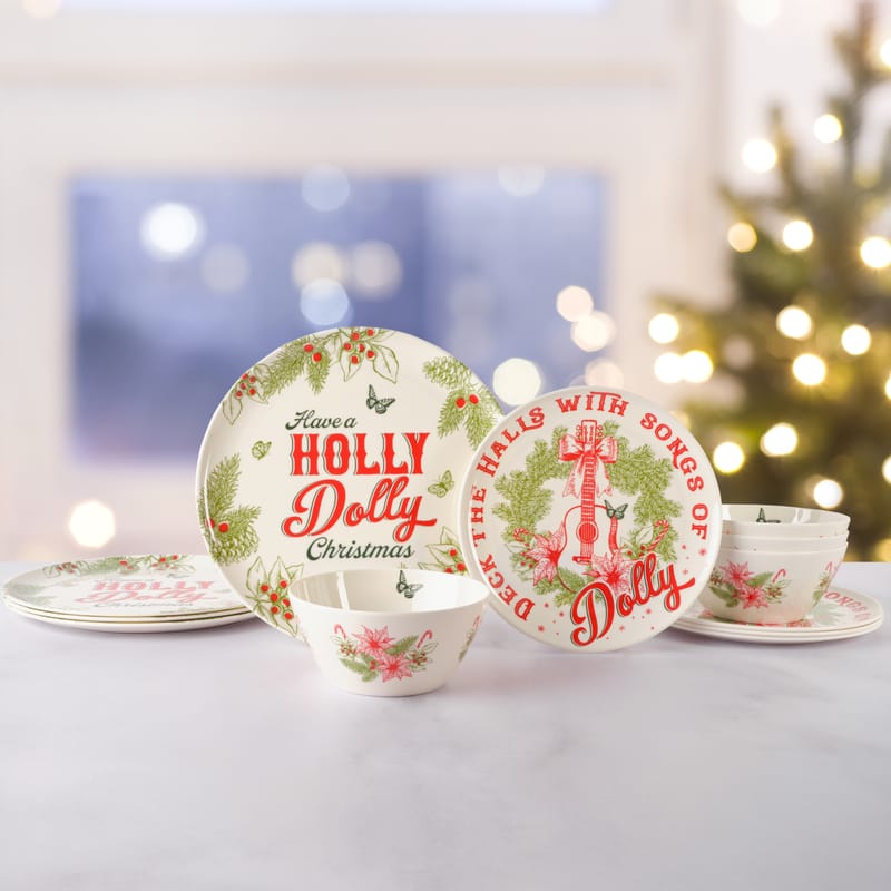 Dolly Parton Holly Dolly Outdoor Melamine Dinnerware Set, Service for 4