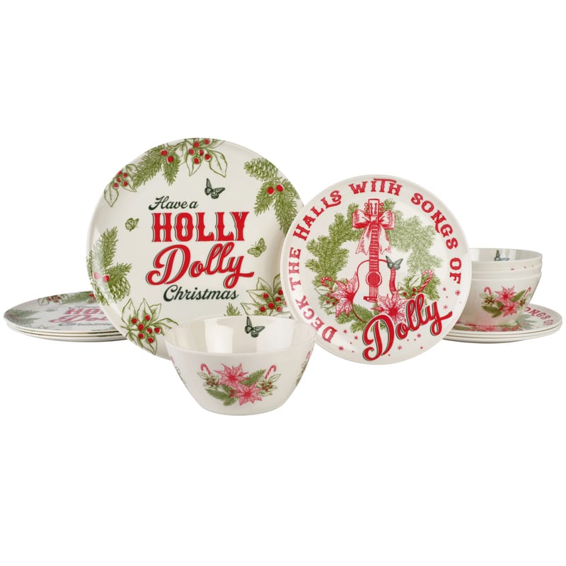 Dolly Parton Holly Dolly Outdoor Melamine Dinnerware Set, Service for 4
