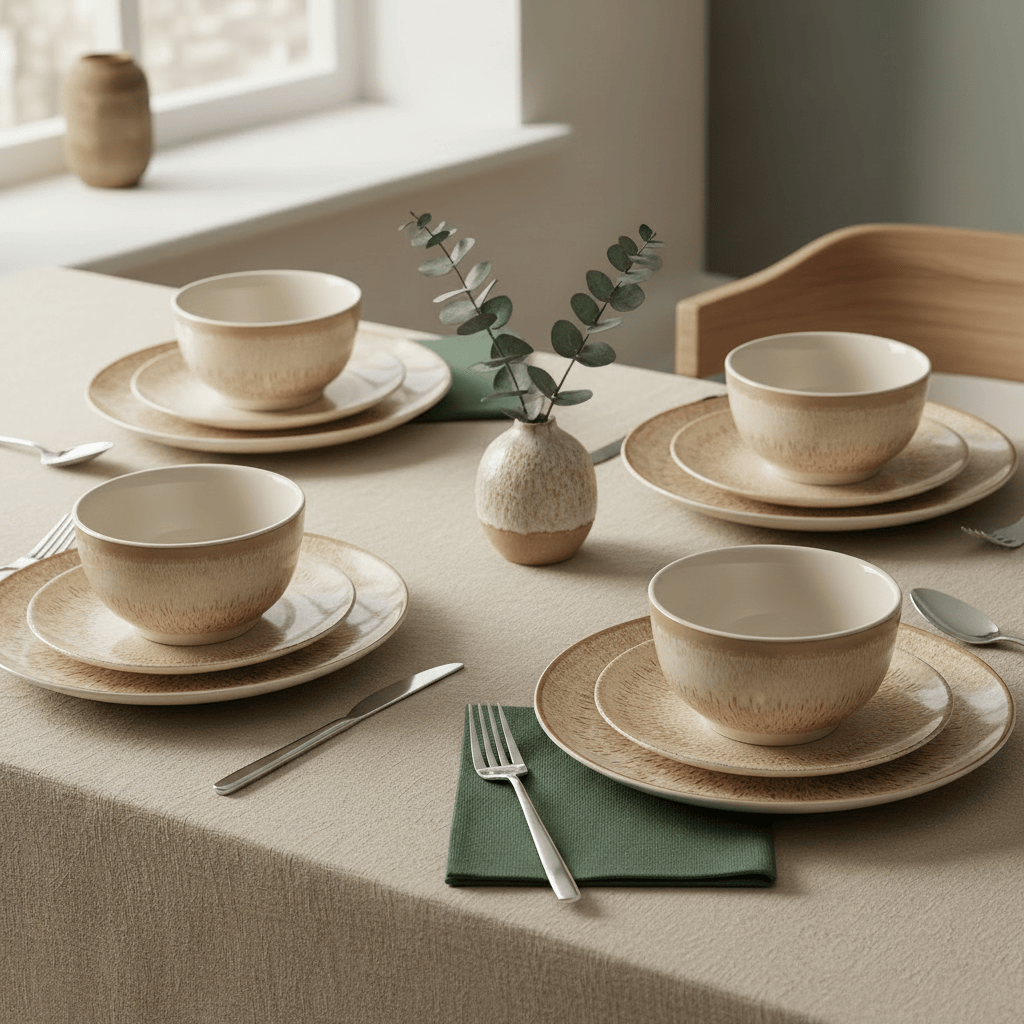 A styled dining table setting with four matching beige ceramic bowls, plates, and spoons on a cream tablecloth. A small vase with eucalyptus sits in the center, and the background shows a softly lit room with a window and wooden chair.