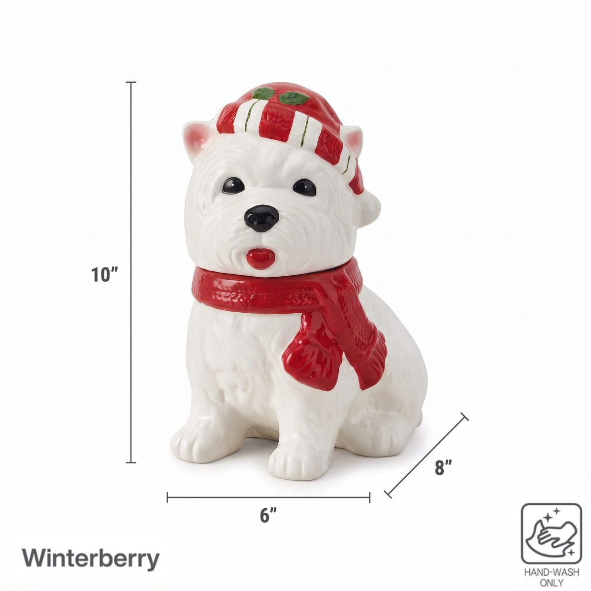Close up of Winterberry Westie dog cookie jar head with red scarf on white background