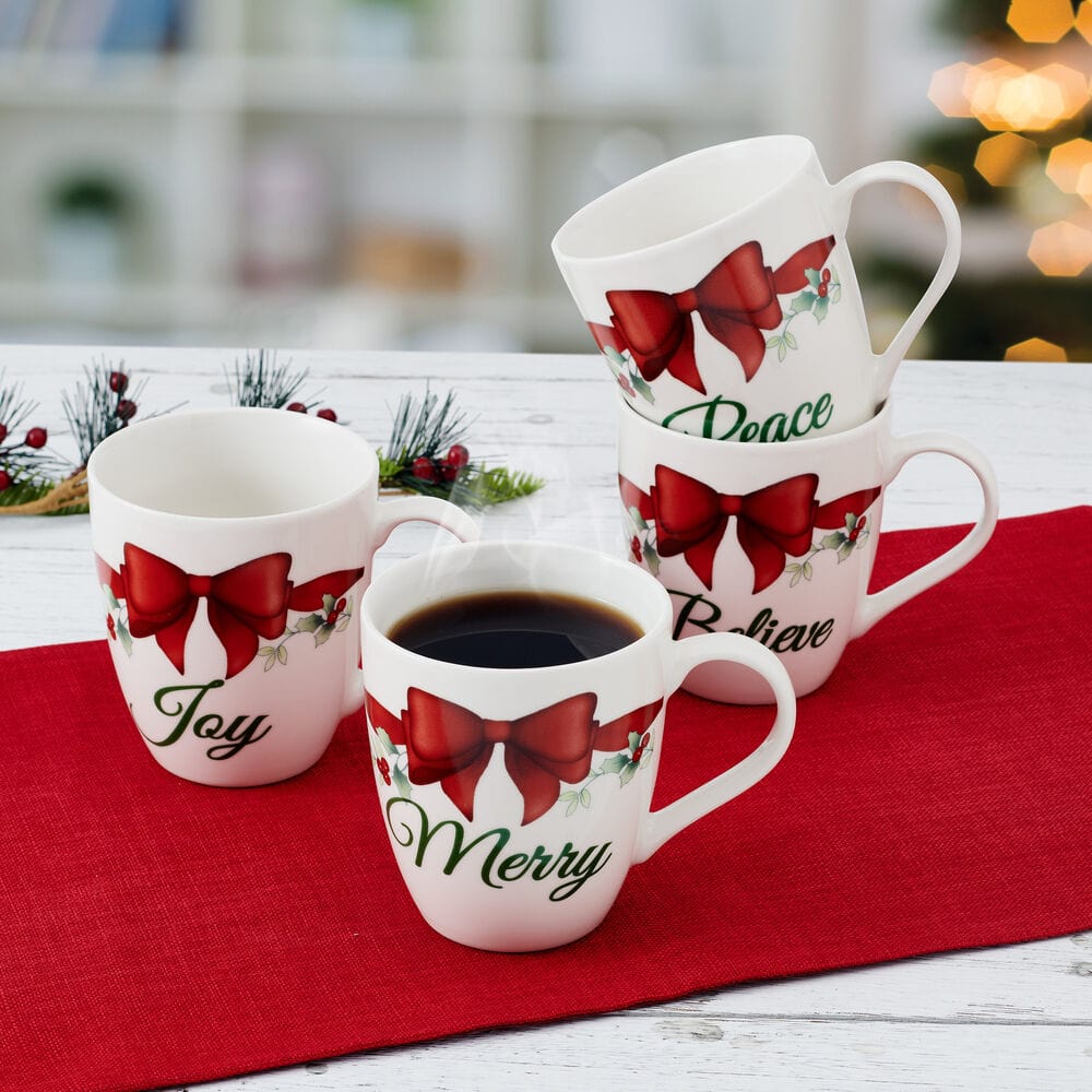 Winterberry® Set of 4 Red Ribbon Sentiment Mugs