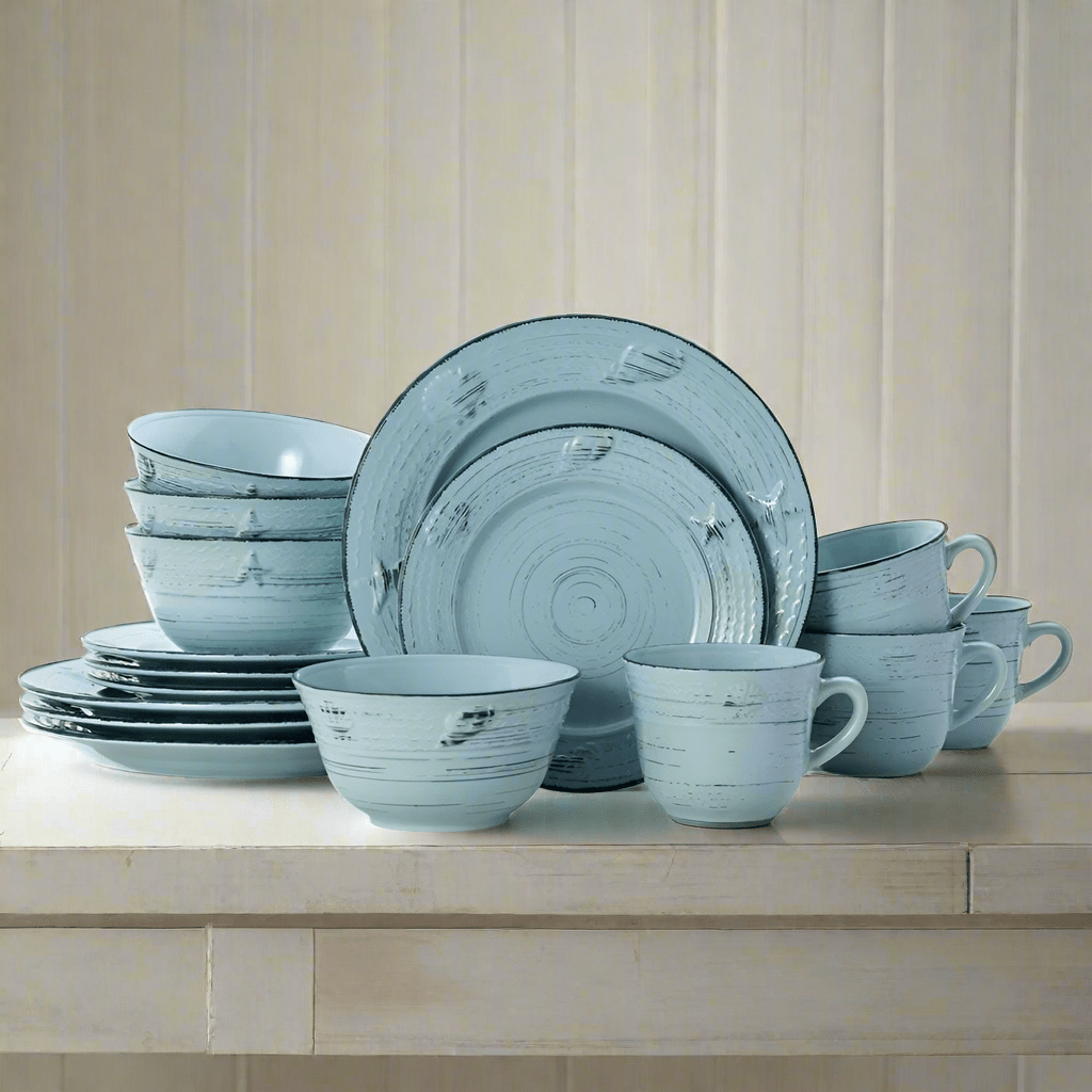 Trellis Coastal Teal 16 Piece Dinnerware Set, Service for 4