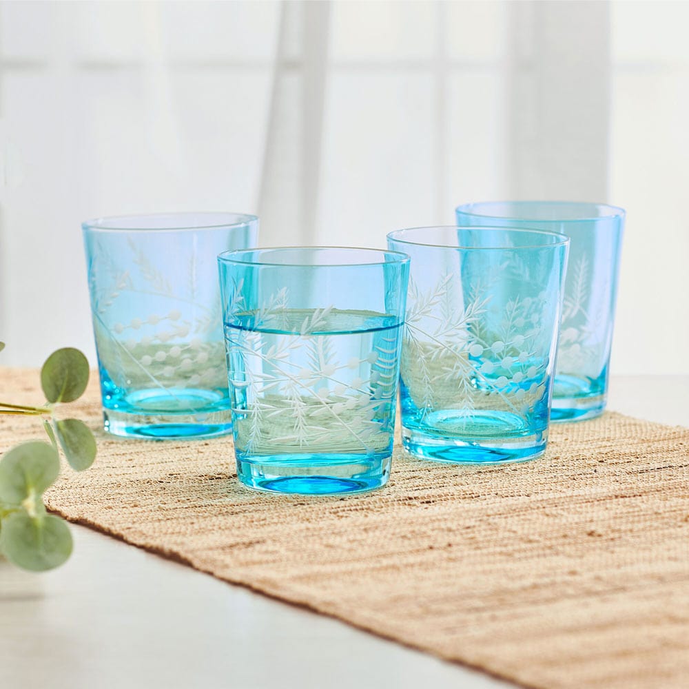 Fitz and Floyd Wildflower Double Old Fashioned Glasses Set of 4, Blue