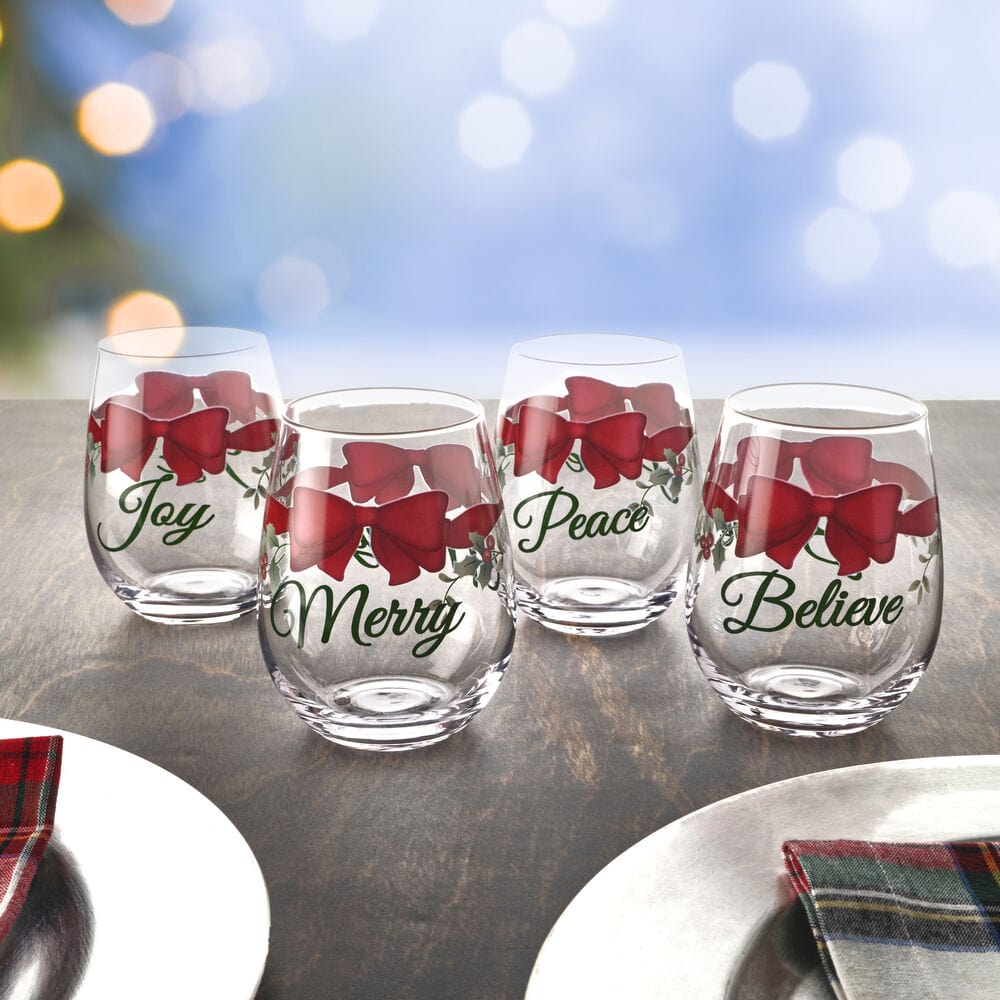 Winterberry Ribbon Set of 4 Stemless Wine Glasses