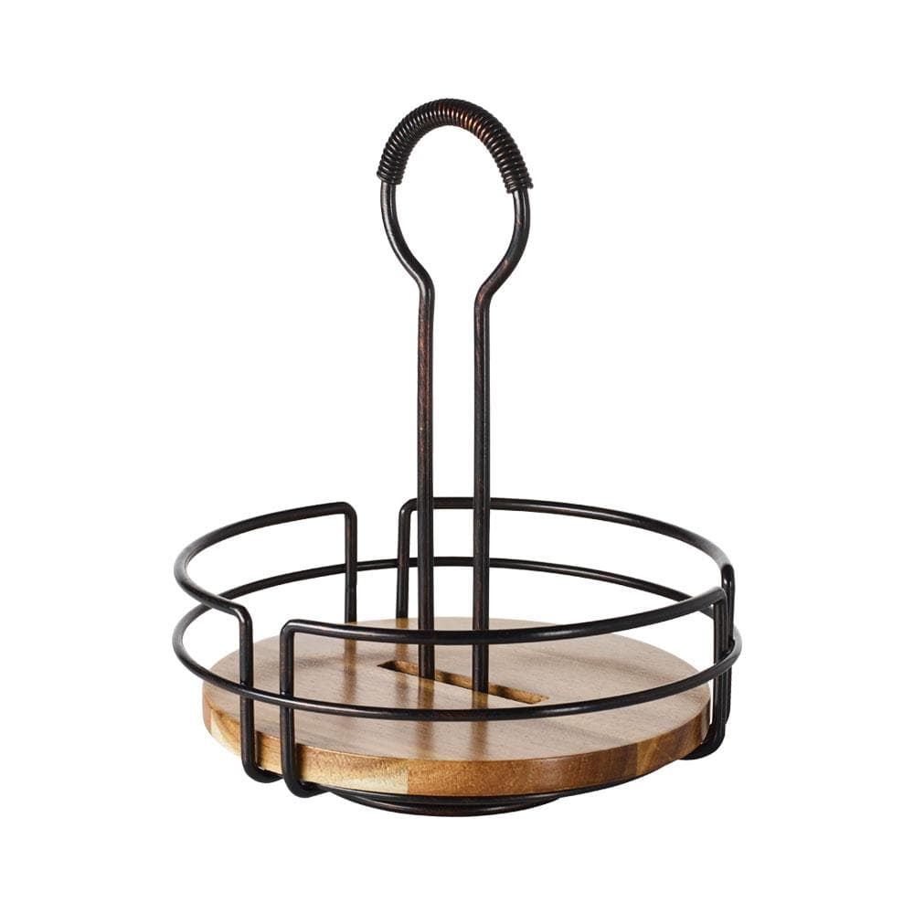 Rotating condiment caddy with round wooden base and black wire frame and tall curved handle