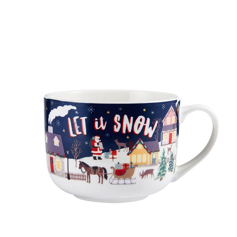 Let It Snow mug featuring a snowy village scene with Santa and houses.