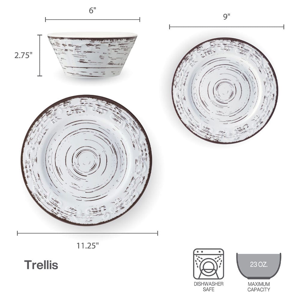 Trellis White 12 Piece Outdoor Melamine Dinnerware Set, Service for 4