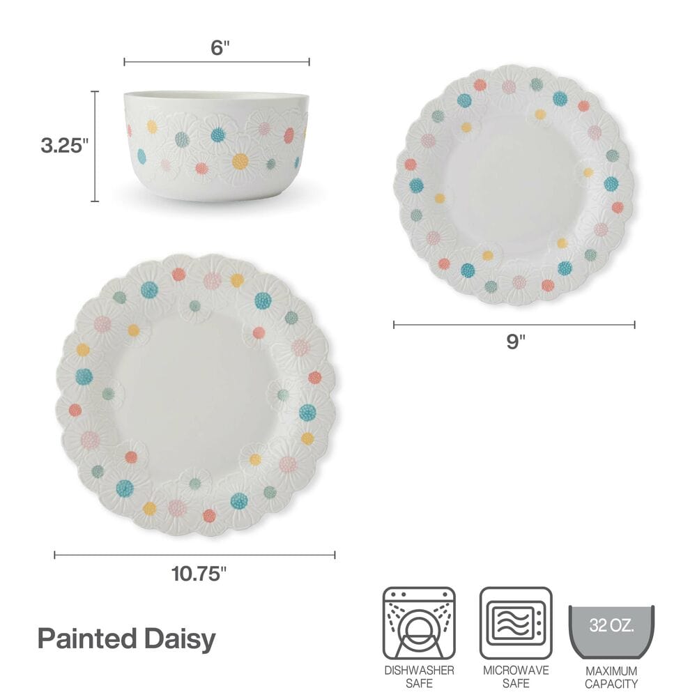 Darbie Angell Painted Daisy 12 Piece Dinnerware Set, Service or 4