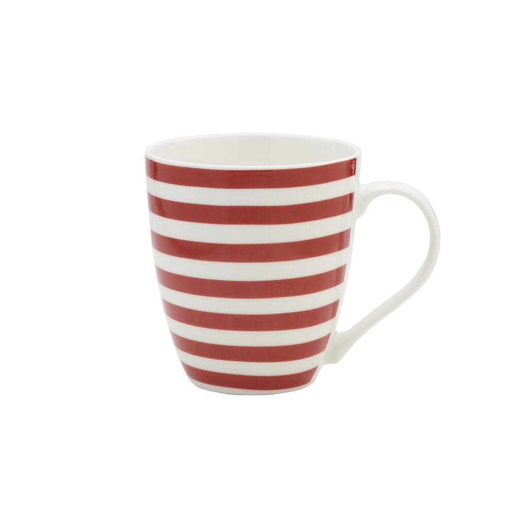 American flag inspired mug with white body and bold red horizontal stripes.