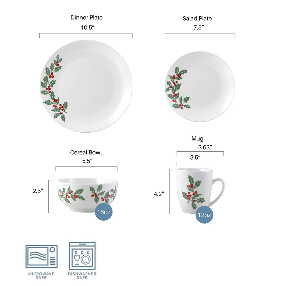 Holly Cheer dinnerware size diagram showing dinner plate 10.5 in, salad plate 7.5 in, cereal bowl 5.5 in and 12 oz mug