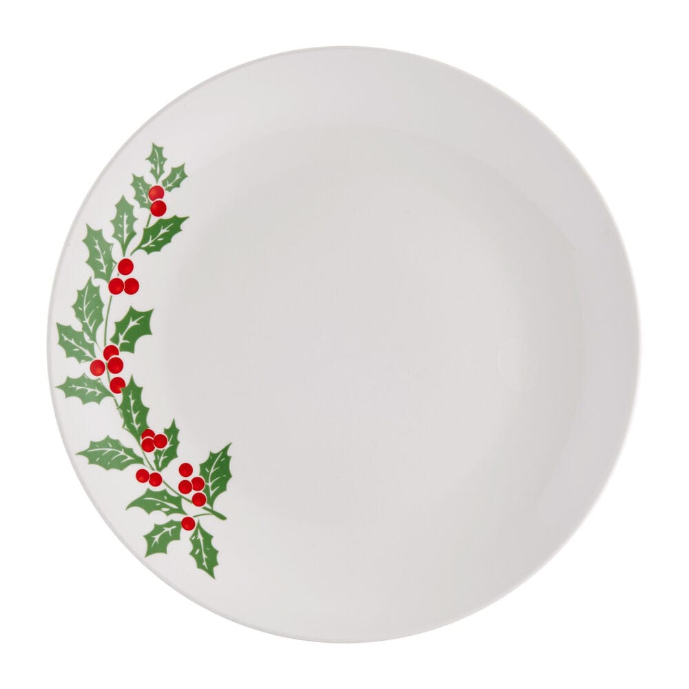 Round white dinner plate with a holly leaf and berry border along the rim