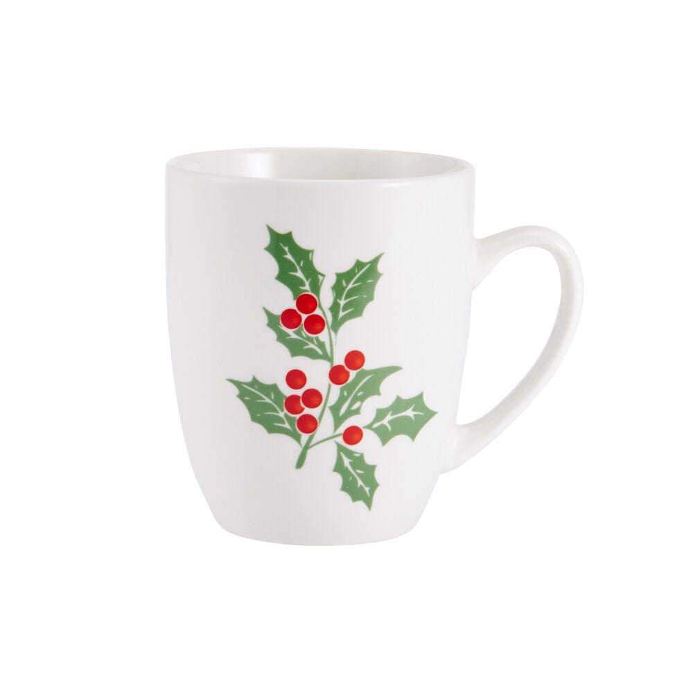 White mug with a holly sprig of green leaves and red berries on the front