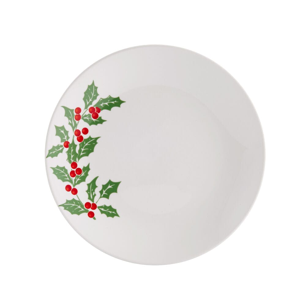 White round plate featuring a green holly sprig with red berries along the edge