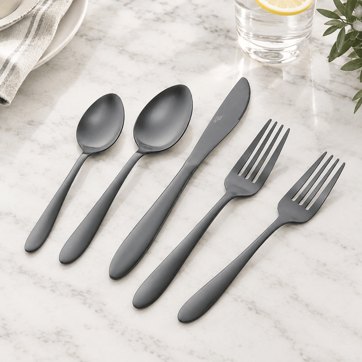 Kenzie Satin Black 20 Piece Flatware Set, Service for 4