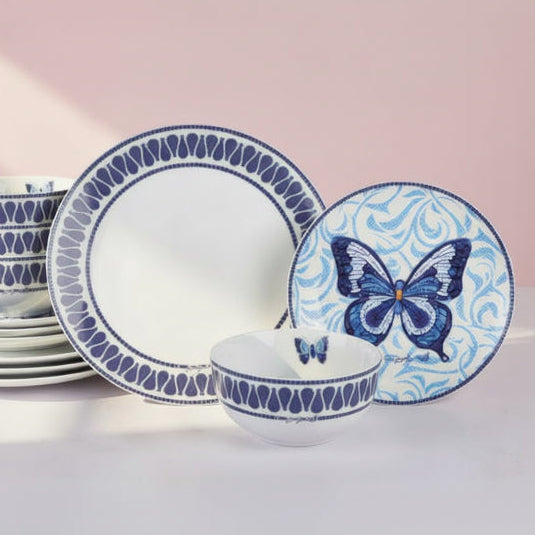 Dolly Parton Mosaic Blue Butterfly 12 Piece Dinnerware Set Service for 4