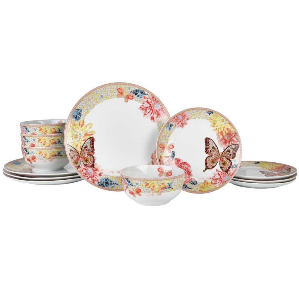 Dolly Parton Mosaic Peach Butterfly 12 Piece Dinnerware Set Service for 4