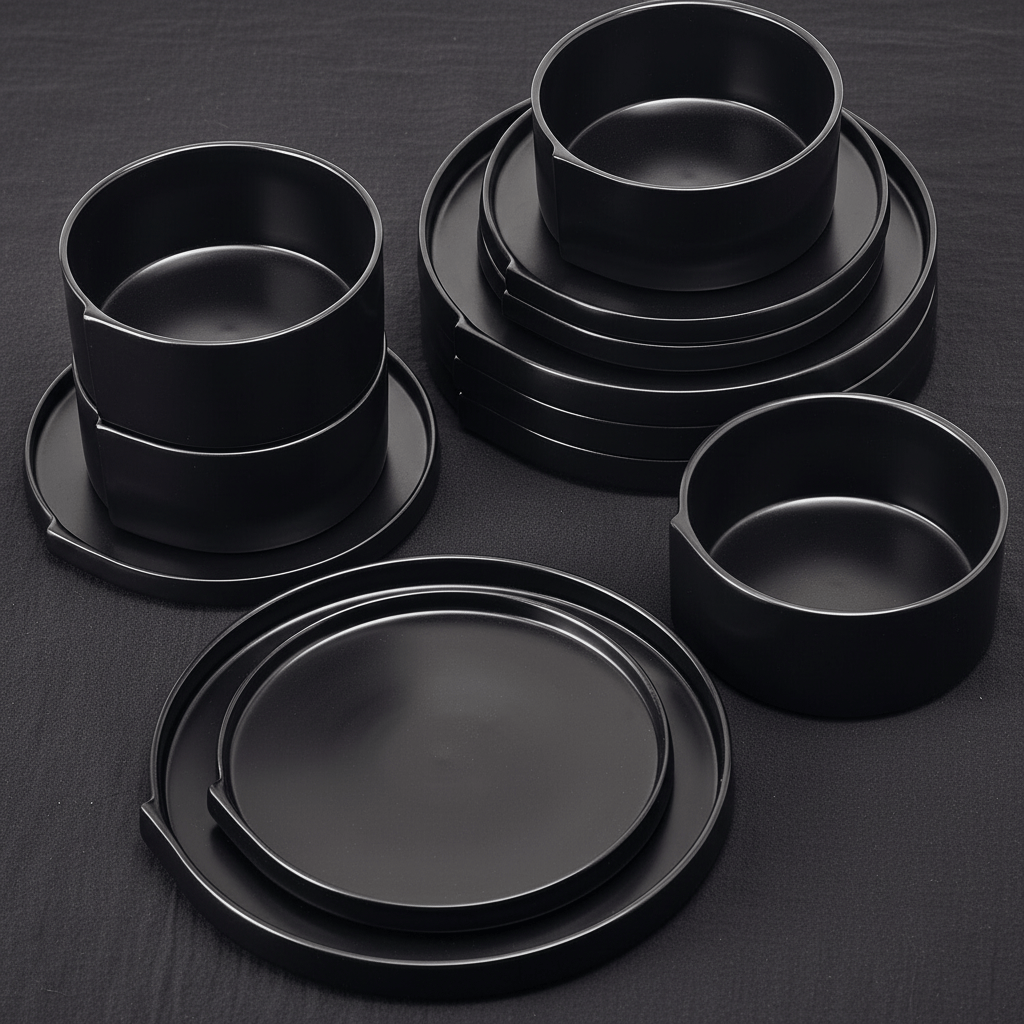 Black matte dinnerware bowls and plates stacked for the Contemporary Edge set, service for 4.