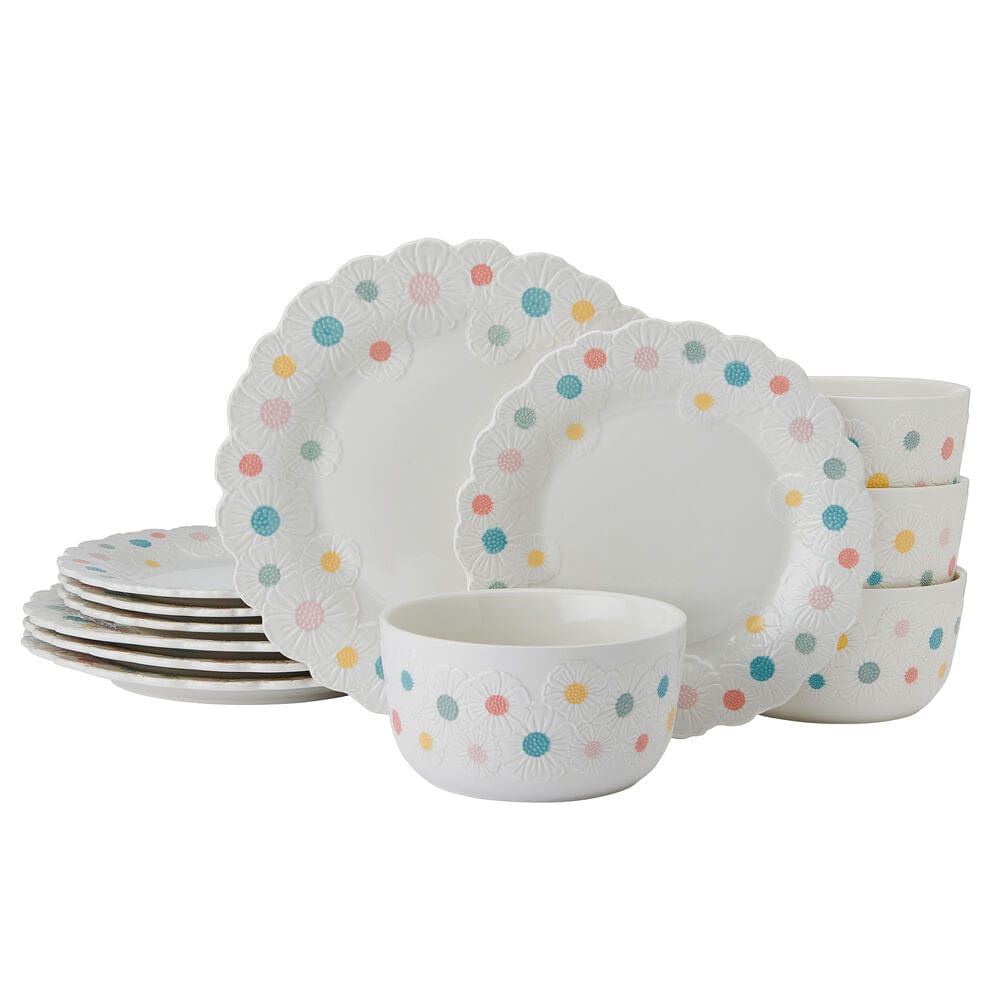 Darbie Angell Painted Daisy 12 Piece Dinnerware Set, Service or 4