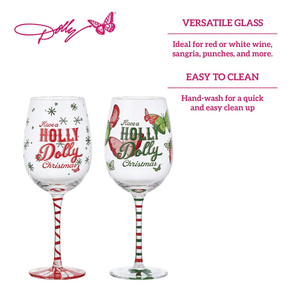 Dolly Parton Holly Dolly Christmas versatile glass set shown with product features on white background