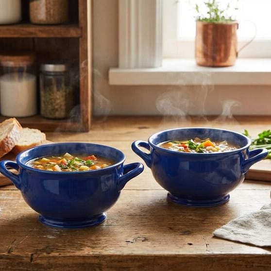 Blue Double Handle Set of 2 Chowder Soup Bowls