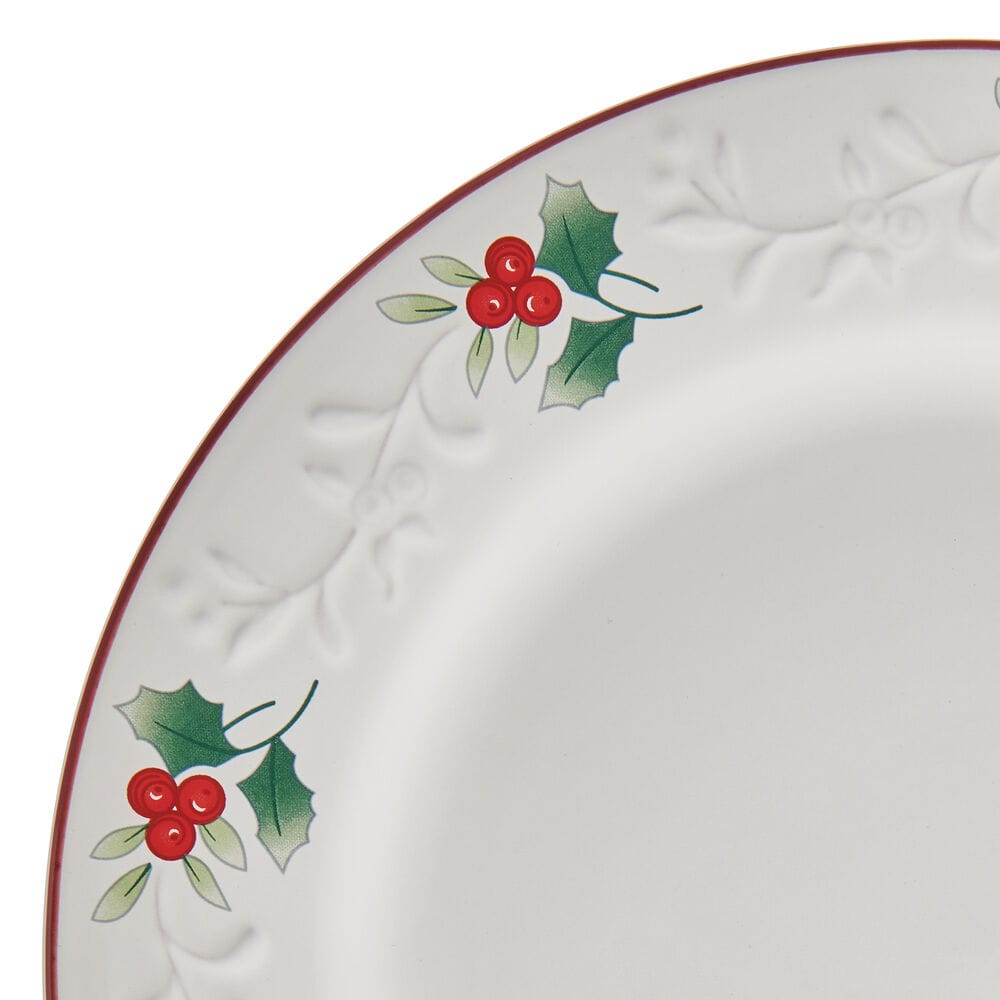 Close-up of Winterberry Charm dinner plate corner with holly berries along the rim