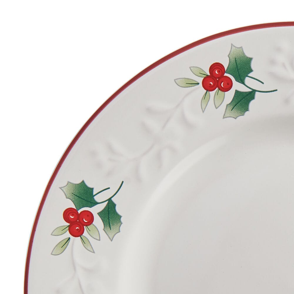 Close-up of the Winterberry Charm plate edge with holly berries and embossed leaf detail.